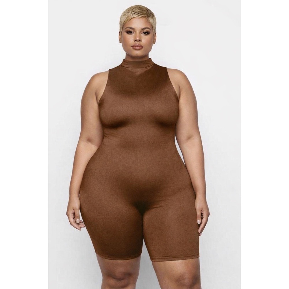 SKIMS All-In-One Shine Mock Neck Mid Thigh Jumpsuit Carmel 3X